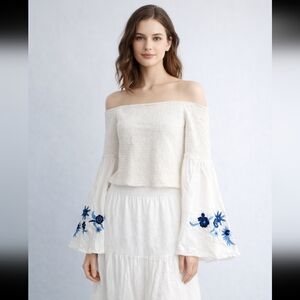 Guess White Off-Shoulder Top with Blue Floral Embroidery Size M